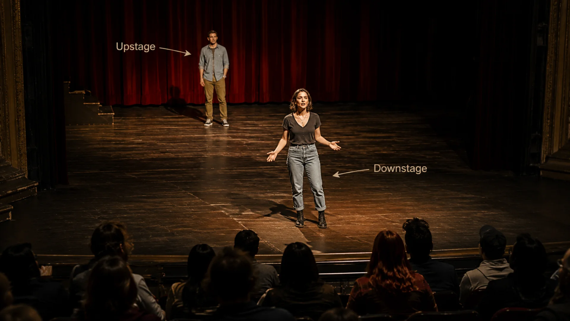 Wide shot of a woman speaking downstage while a man stands upstage on a theater stage in front of an audience
