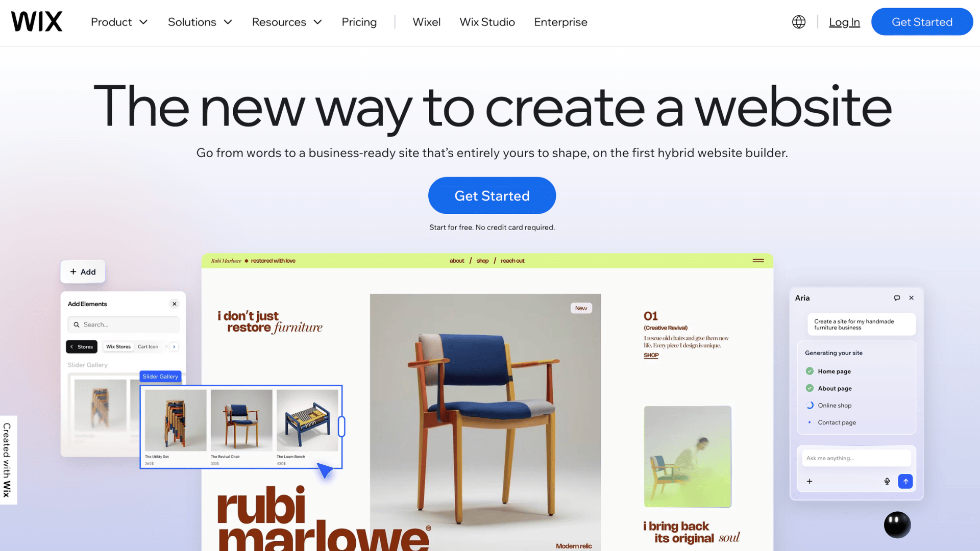 wix homepage with website builder interface showing furniture store design tools and ai chat assistant panel