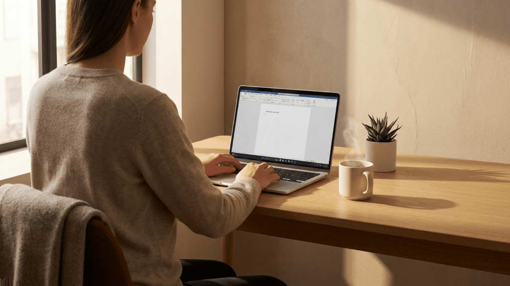 woman typing on laptop at wooden desk beside steaming coffee cup and small plant in warm sunlight