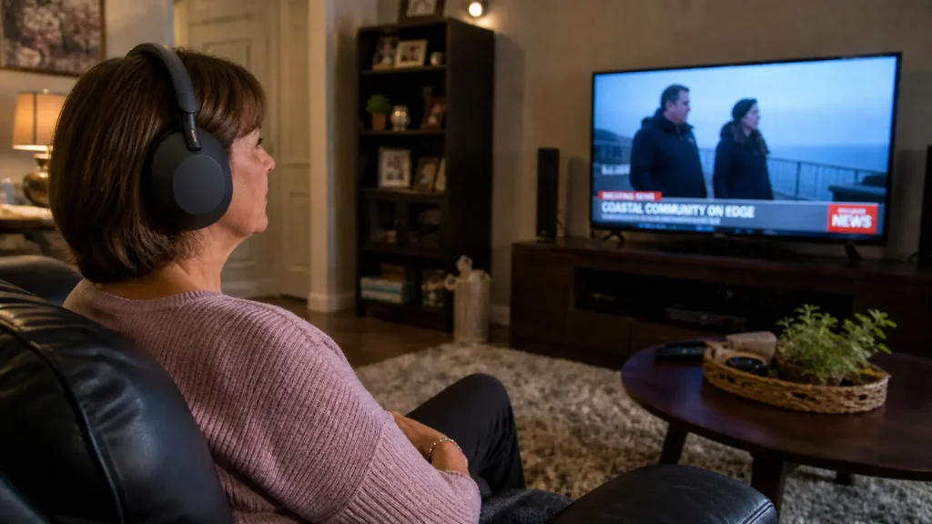 Woman wearing headphones watching news on TV in a cozy living room with shelves and table nearby