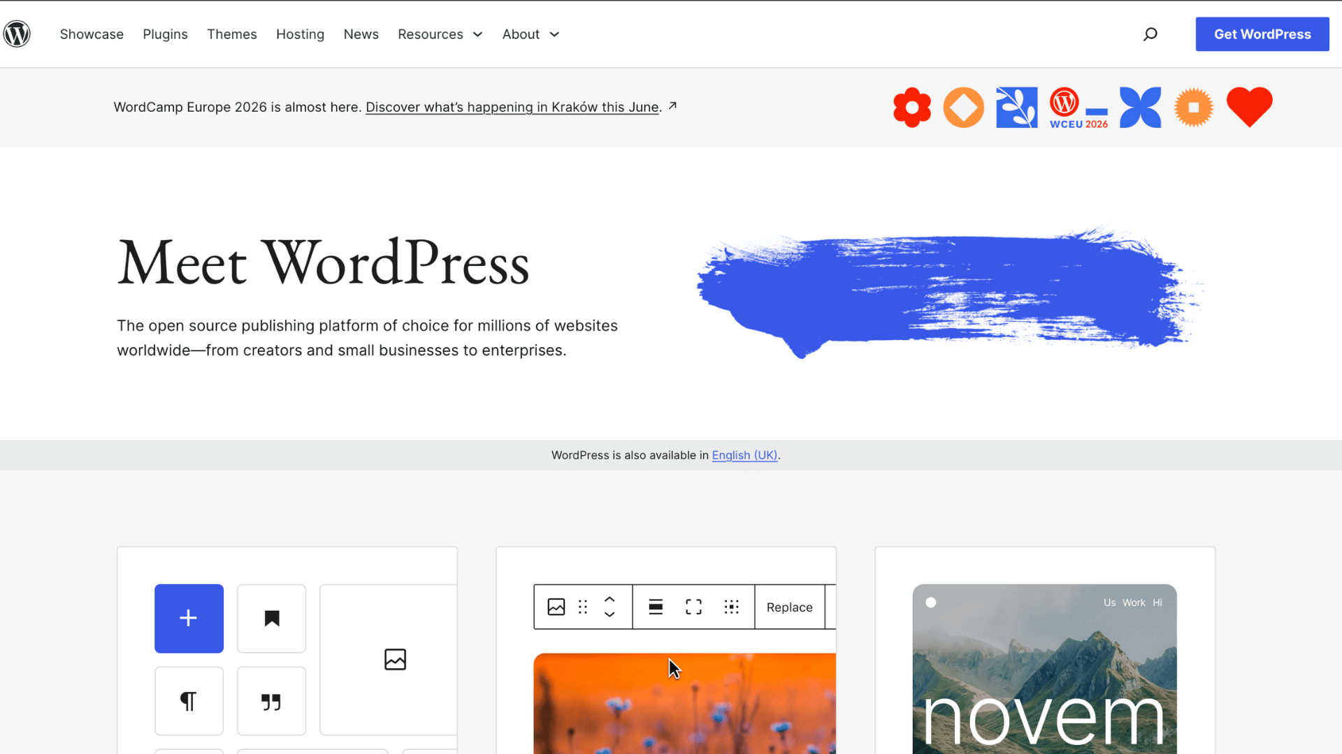 wordpress homepage with meet wordpress heading and website editor preview cards displayed on a clean layout (1)