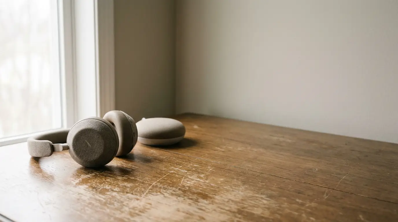 Beige headphones and smart speaker on wooden table near window in natural light