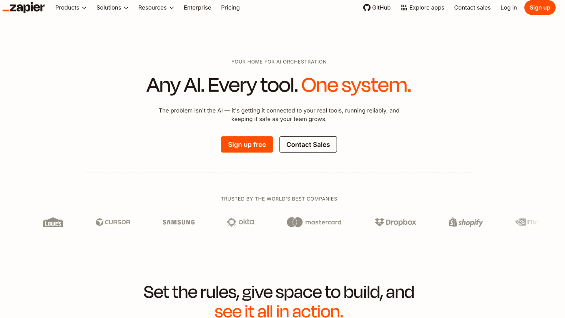 zapier homepage with ai orchestration headline signup buttons and company logos displayed across the page (1)