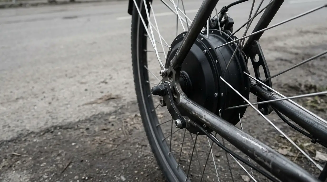 Close-up of rear bicycle wheel with motor hub on urban road