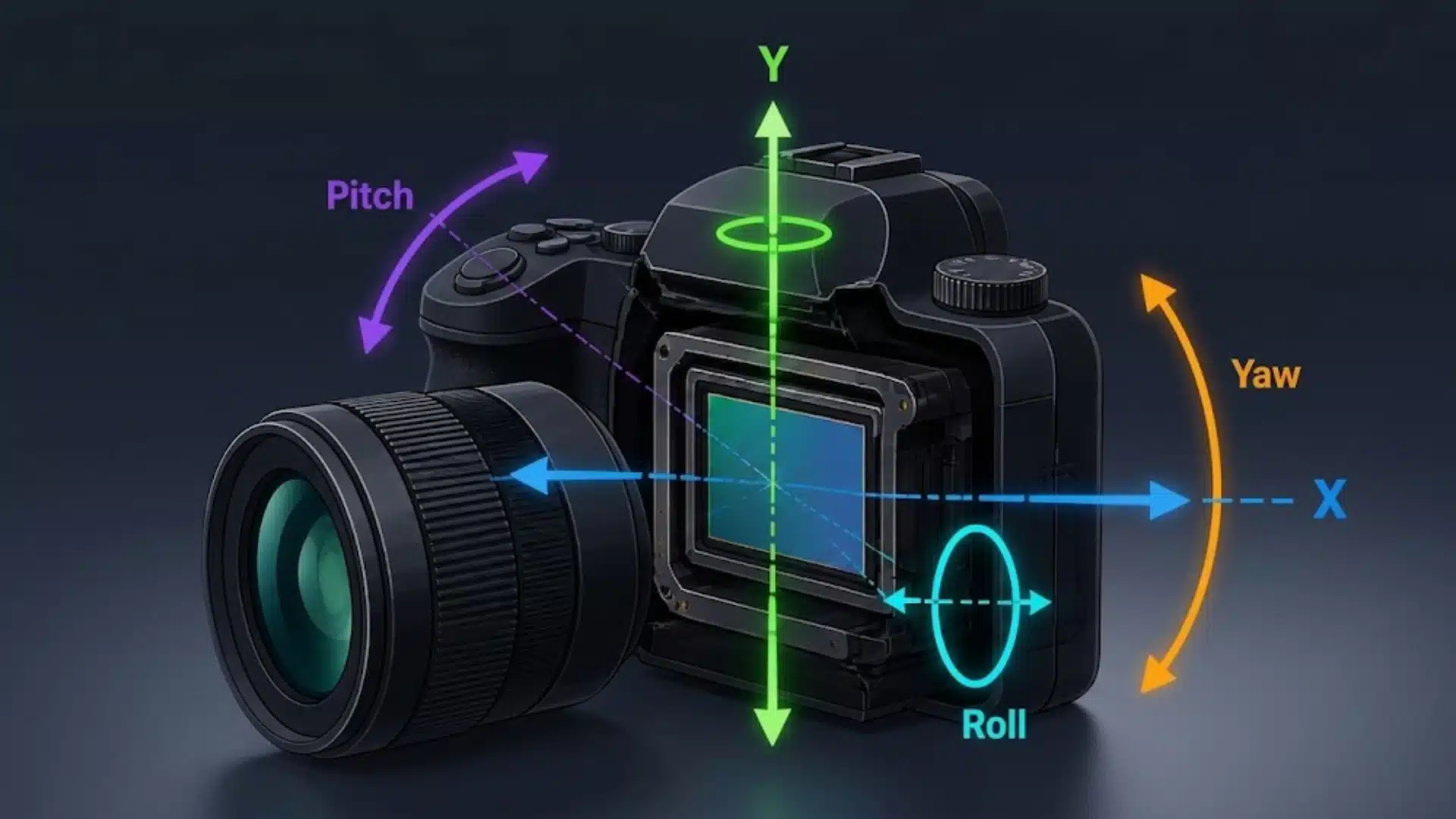 3D camera diagram showing pitch, yaw, roll, X and Y axes on a dark background