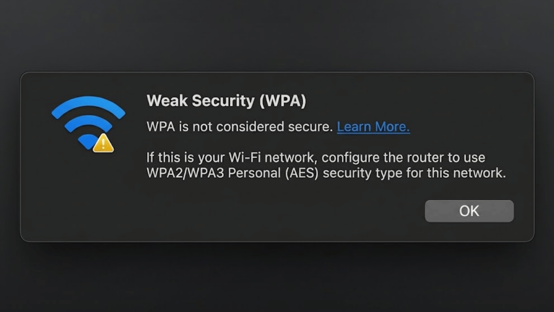 A dark macOS weak security warning window about WPA and how to improve router security