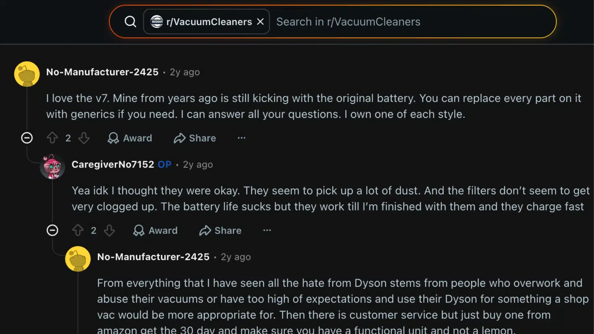 A screenshot of a Reddit thread in the vacuum cleaners community discussing the durability of Dyson models