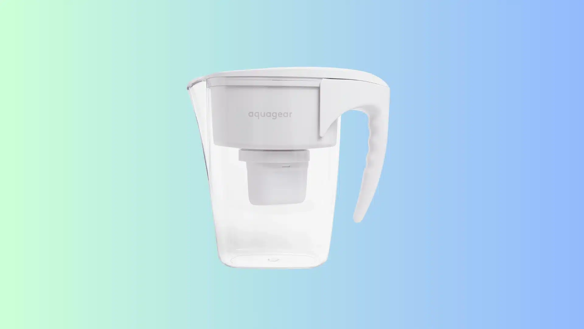 Aquagear clear water pitcher featuring a teal lid and handle, shown alongside a separate white filter.