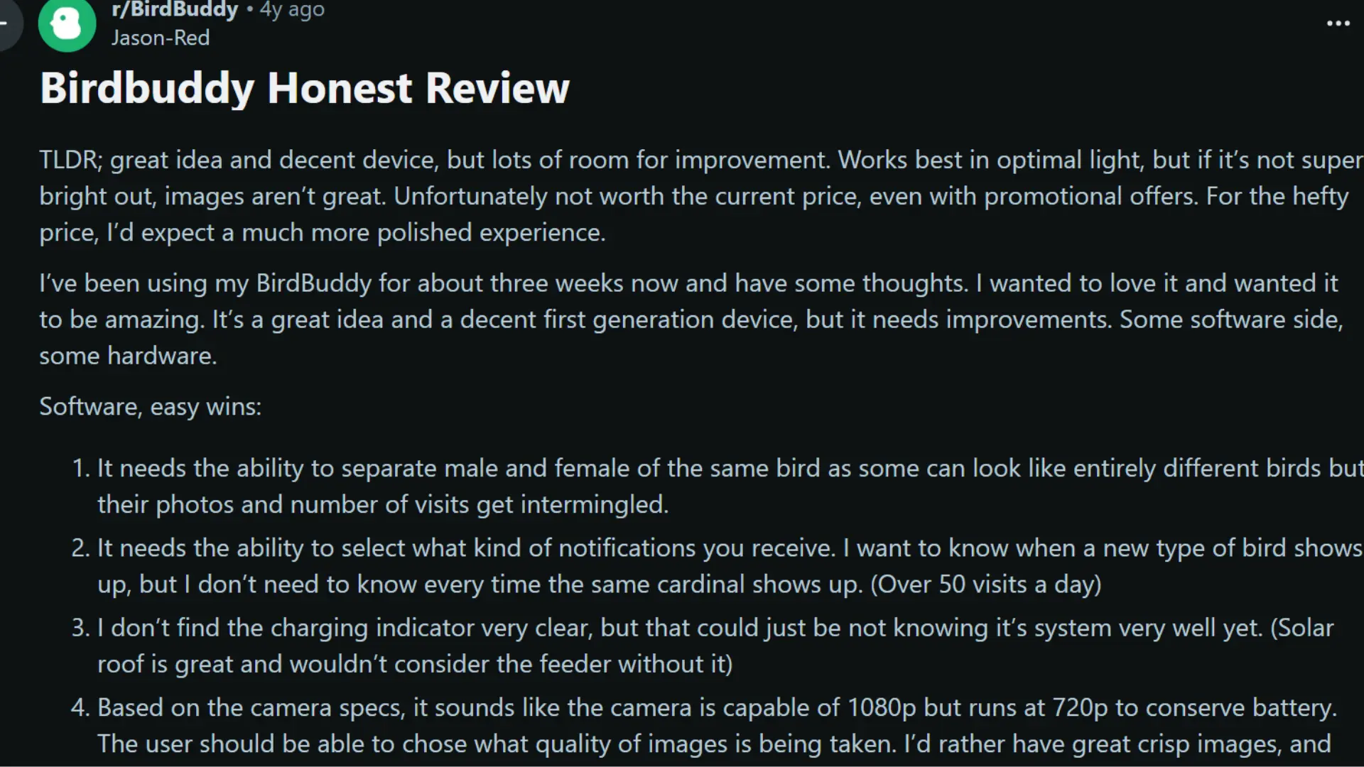 BirdBuddy Honest Review page discussing image quality, notifications, battery use, and needed improvements