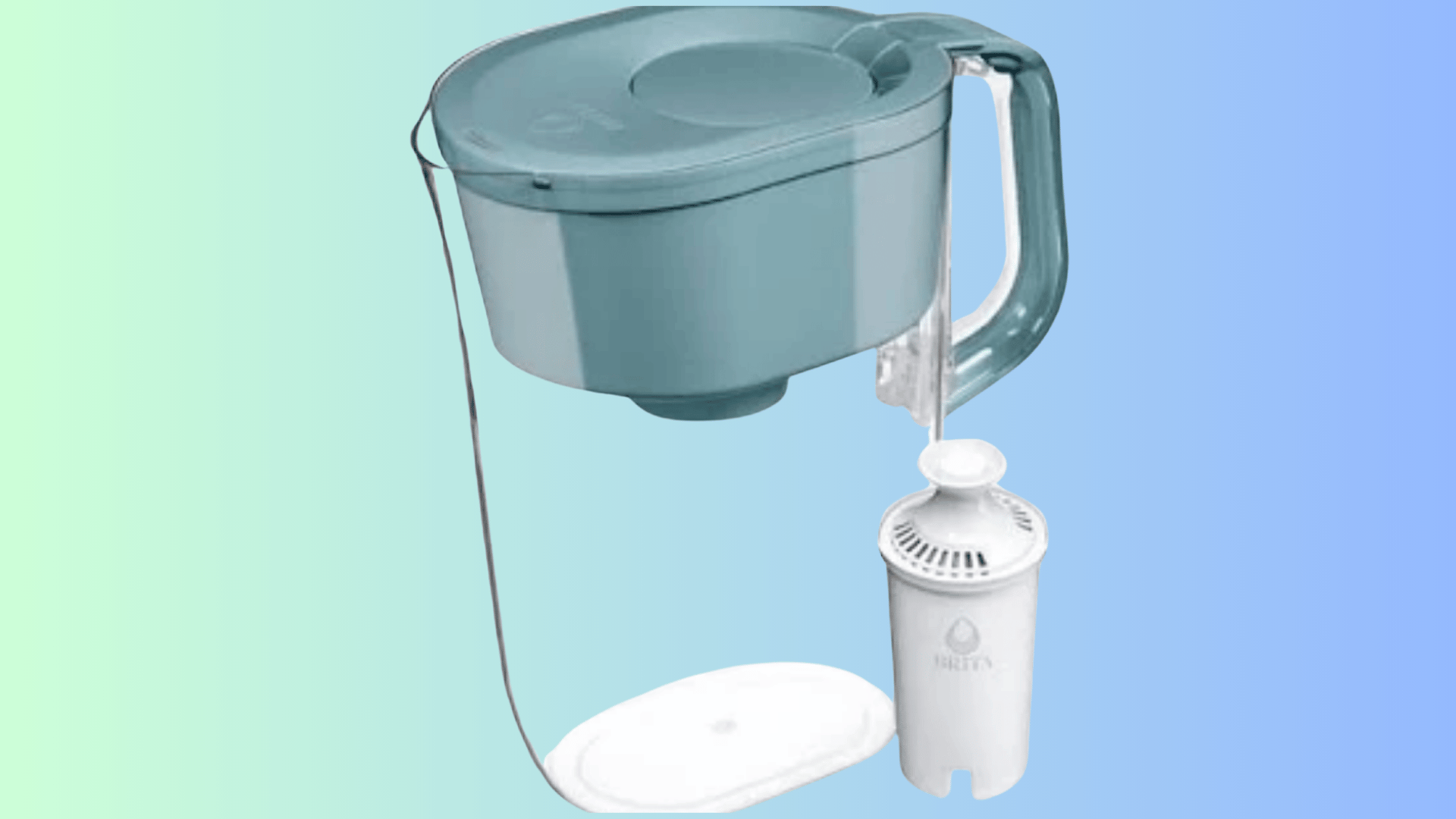 Brita clear water pitcher featuring a teal lid and handle, shown alongside a separate white filter