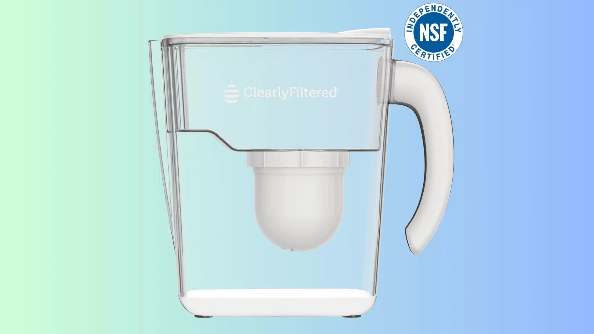 Clearly Filtered water pitcher with an NSF certified seal in the upper right corner