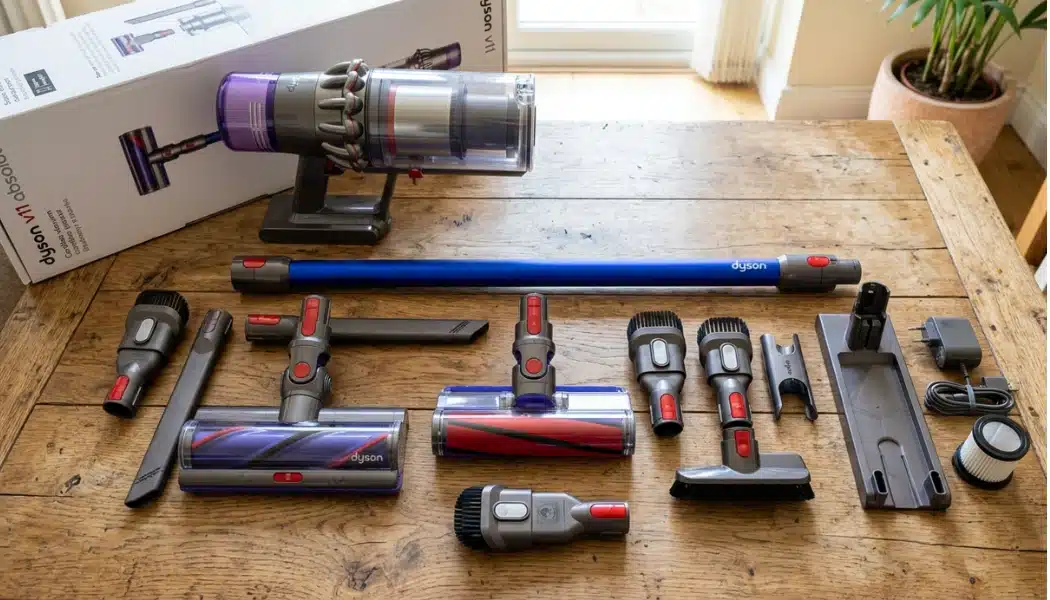 Dyson V11 cordless vacuum and attachments laid out on a wooden table