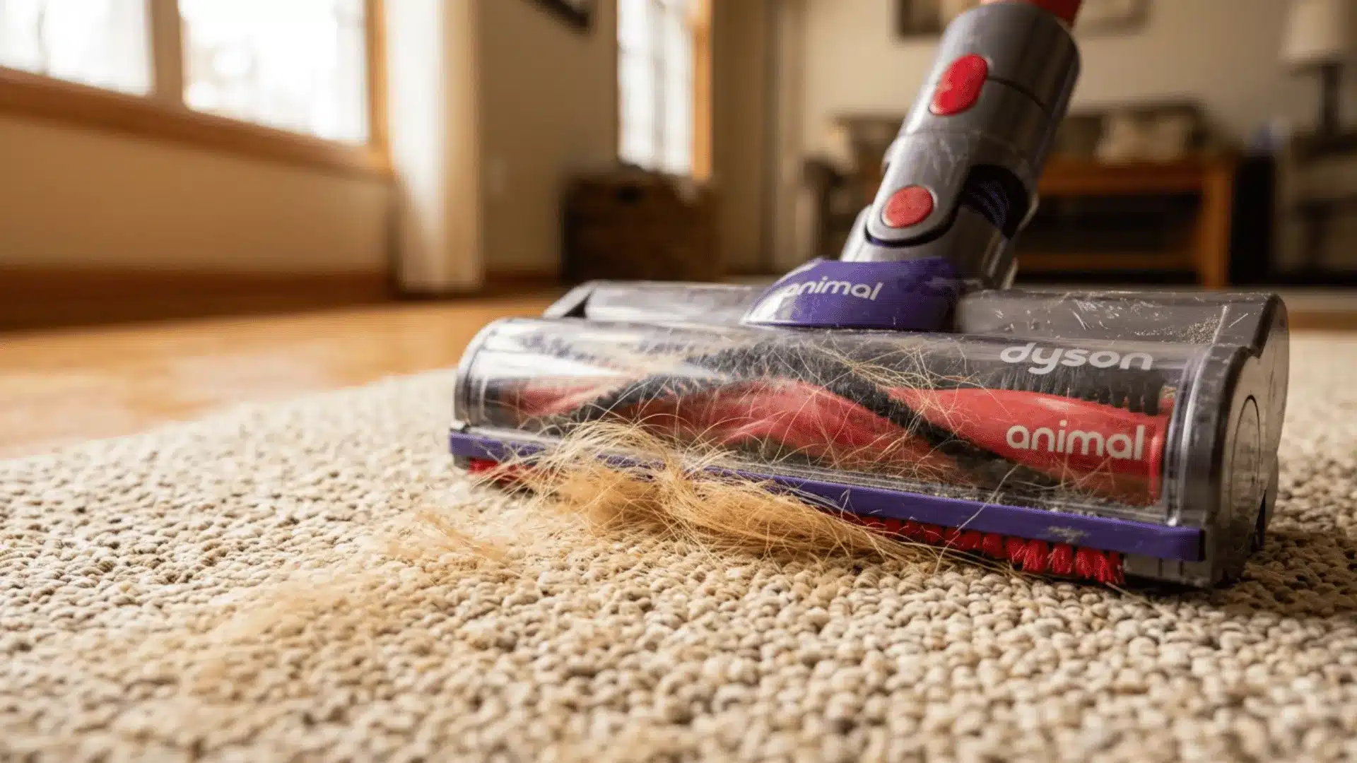 Dyson V7 Animal vacuum lifting pet hair from a beige carpet with direct-drive cleaner head