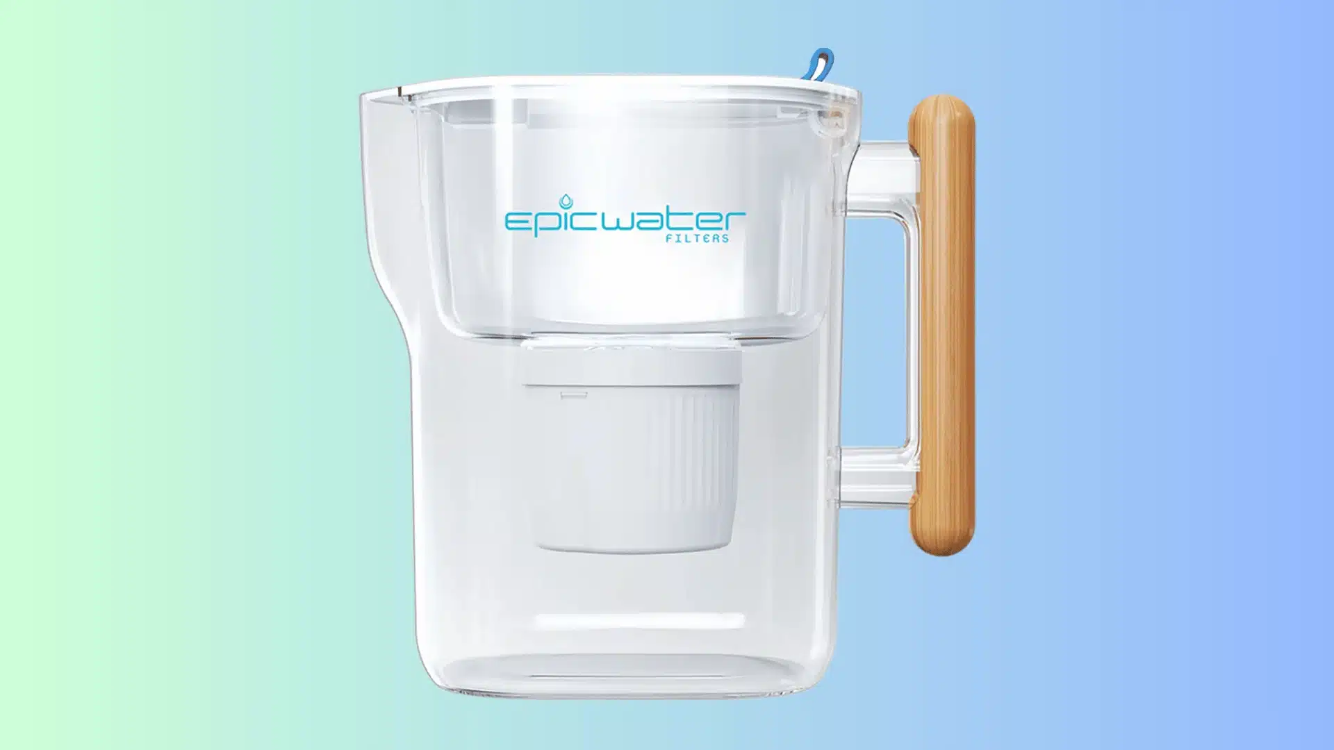 Epic Water Filters clear pitcher with a white internal filter and a wooden bamboo handle
