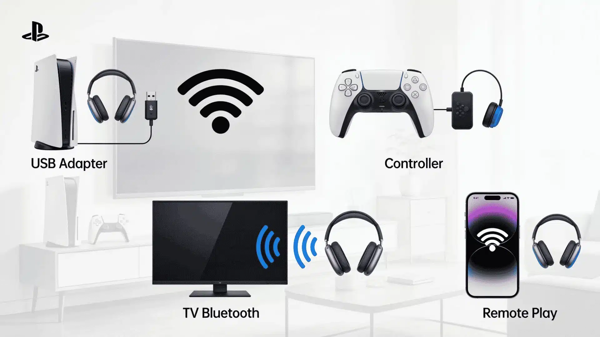 Four PS5 Bluetooth headphone connection methods shown with USB adapter, controller, TV, and Remote Play options