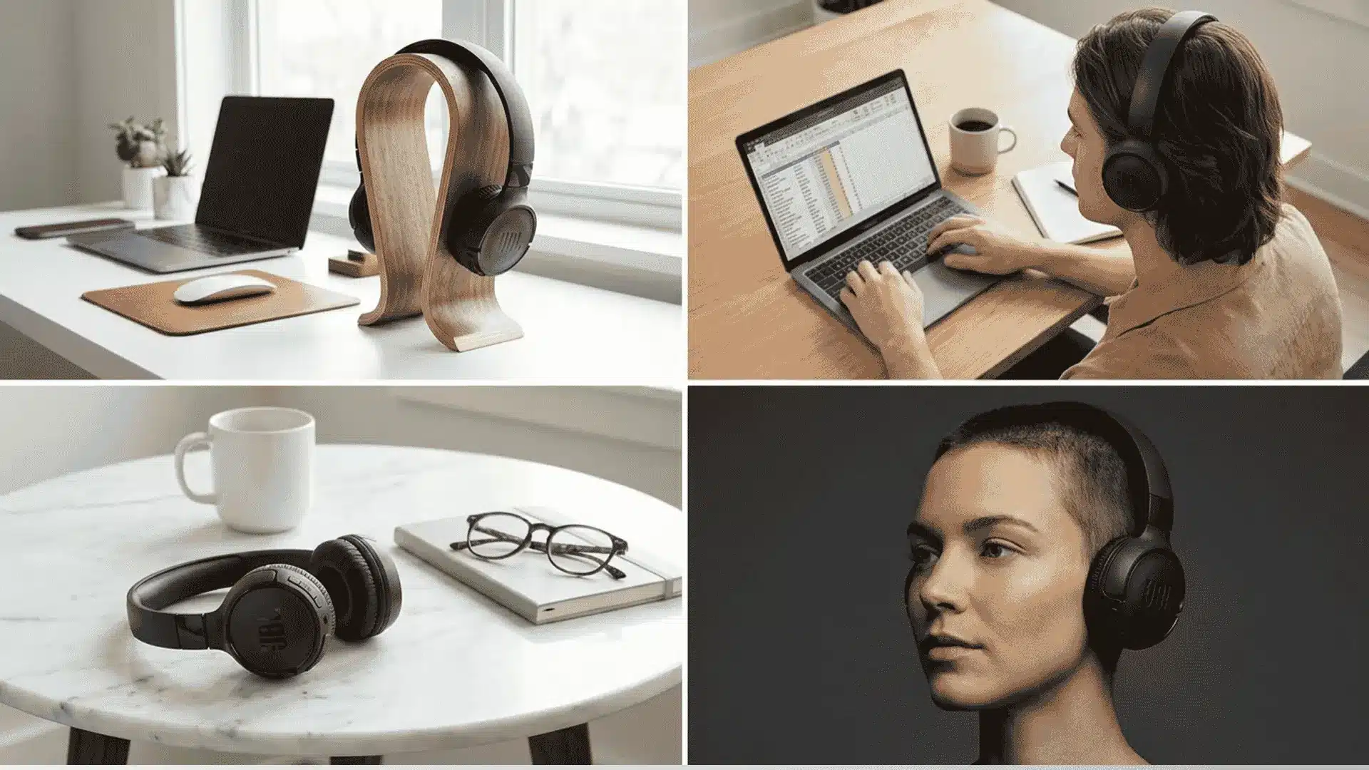 JBL Tune 520BT wireless headphones shown in four review scenes with desk, marble table, and studio setup