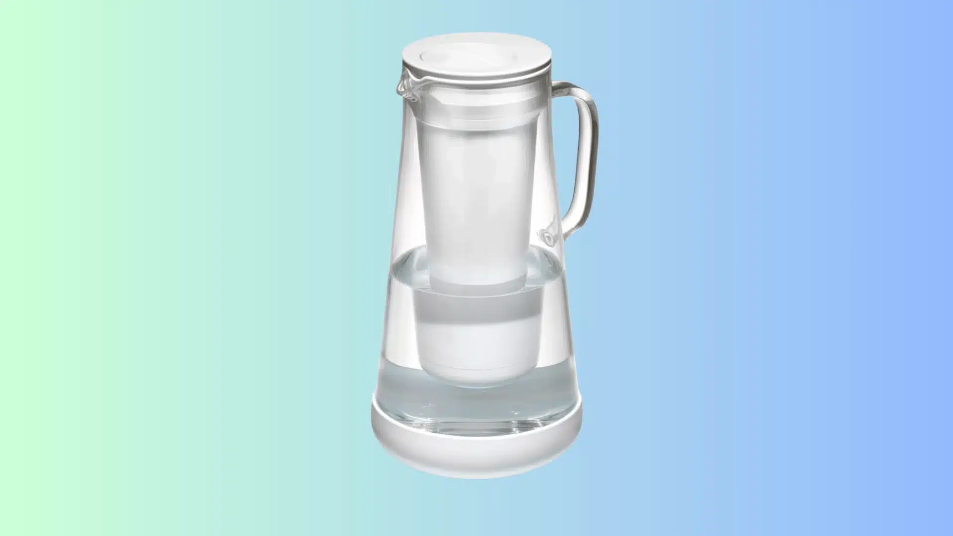Lifestraw home filtration pitcher with a white central filter core, white lid, and handle, filled with water