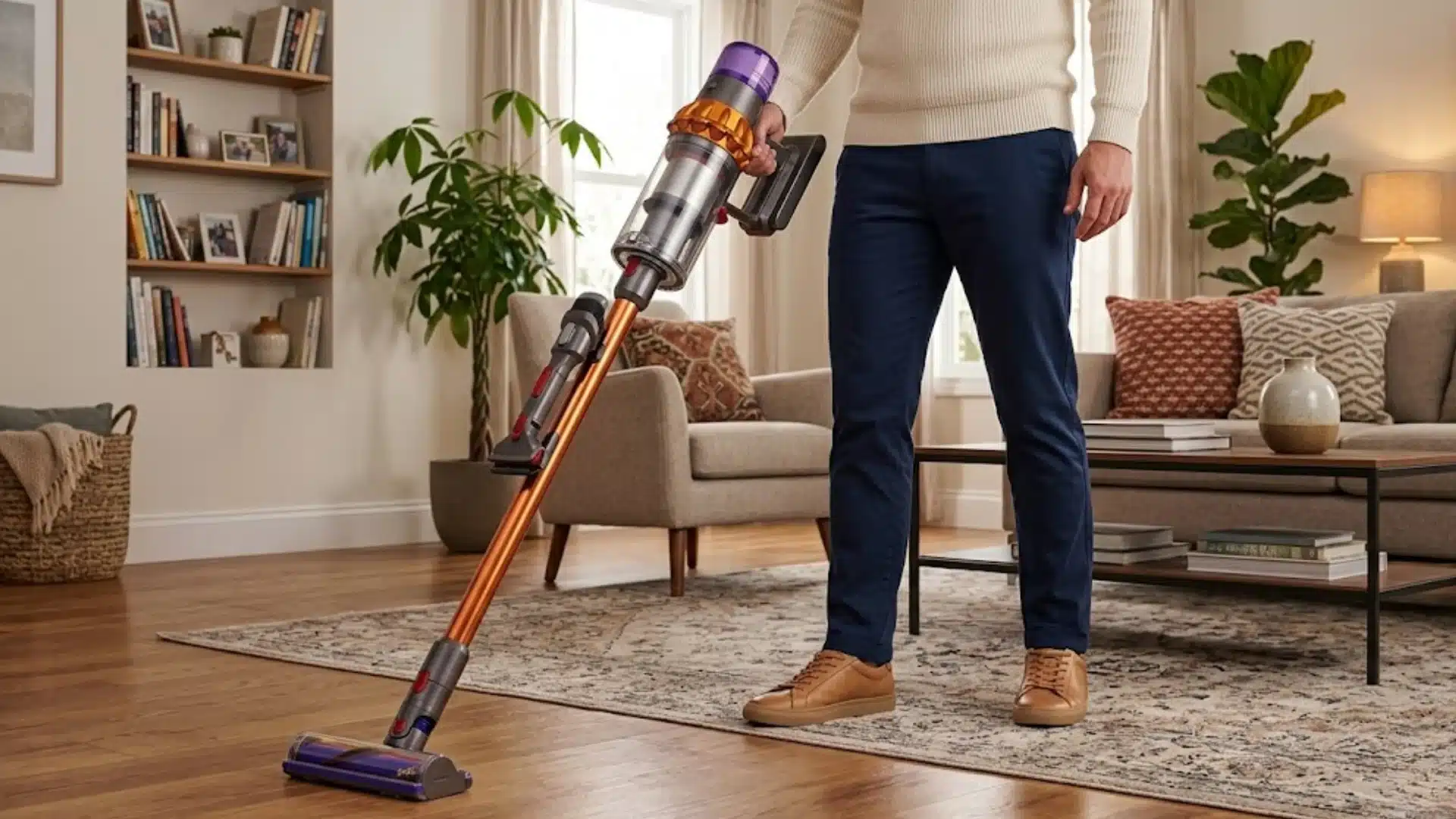 Man using a cordless stick vacuum on hardwood flooring near a rug in a bright modern living room