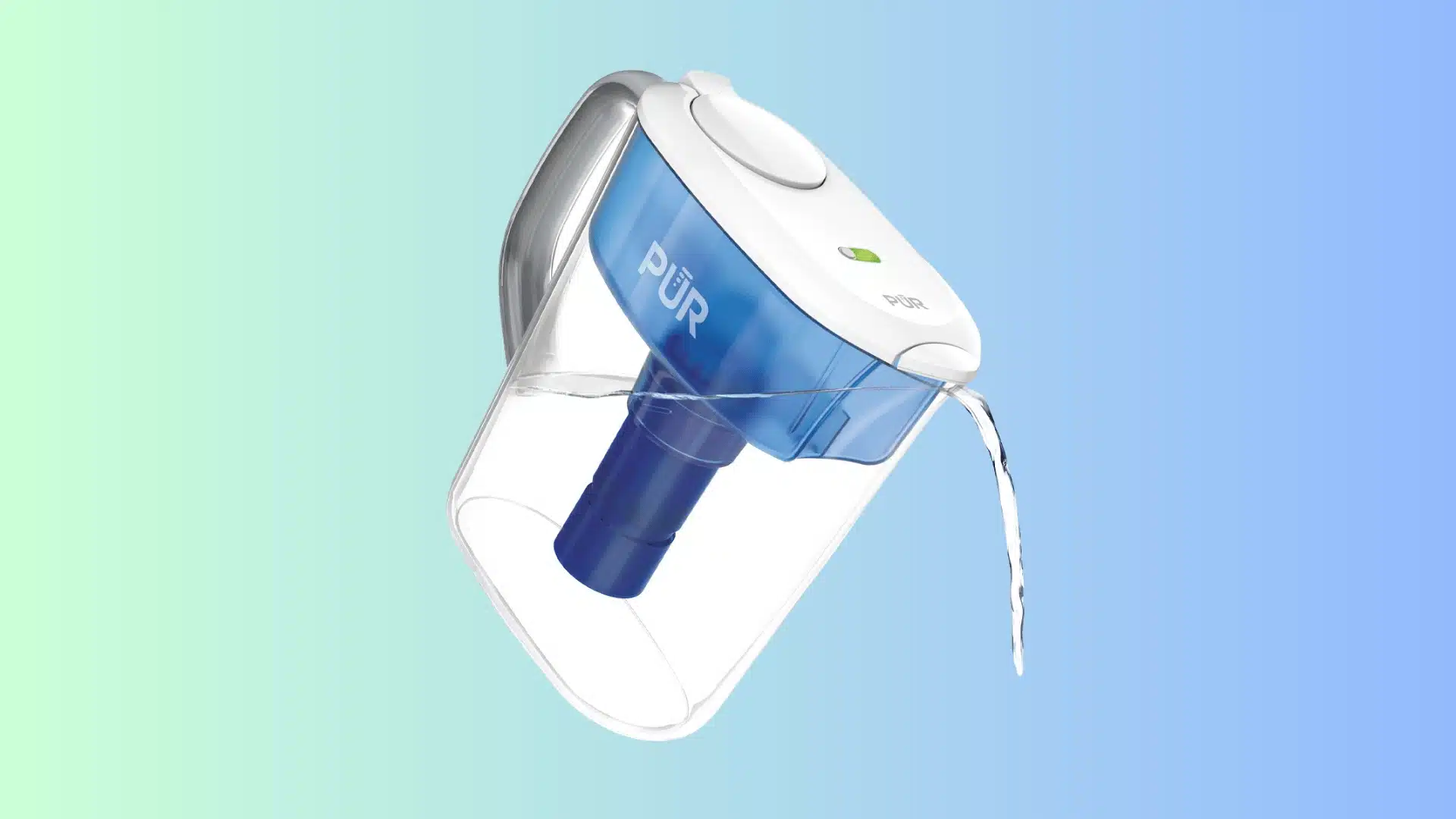 PUR Plus 11-cup water pitcher pouring water, shown next to a replacement filter and teal product box