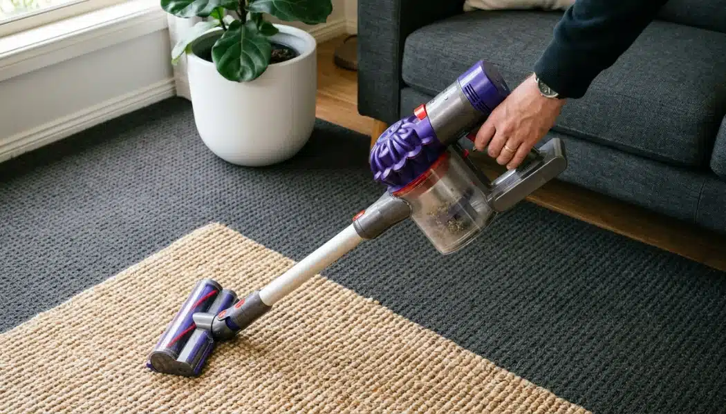 Person using a Dyson cordless vacuum to clean a beige rug in a living room