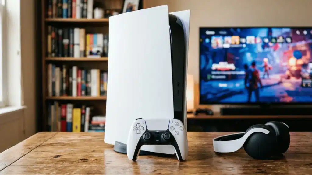 PlayStation 5 console with DualSense controller and wireless headphones placed on a table beside a gaming TV