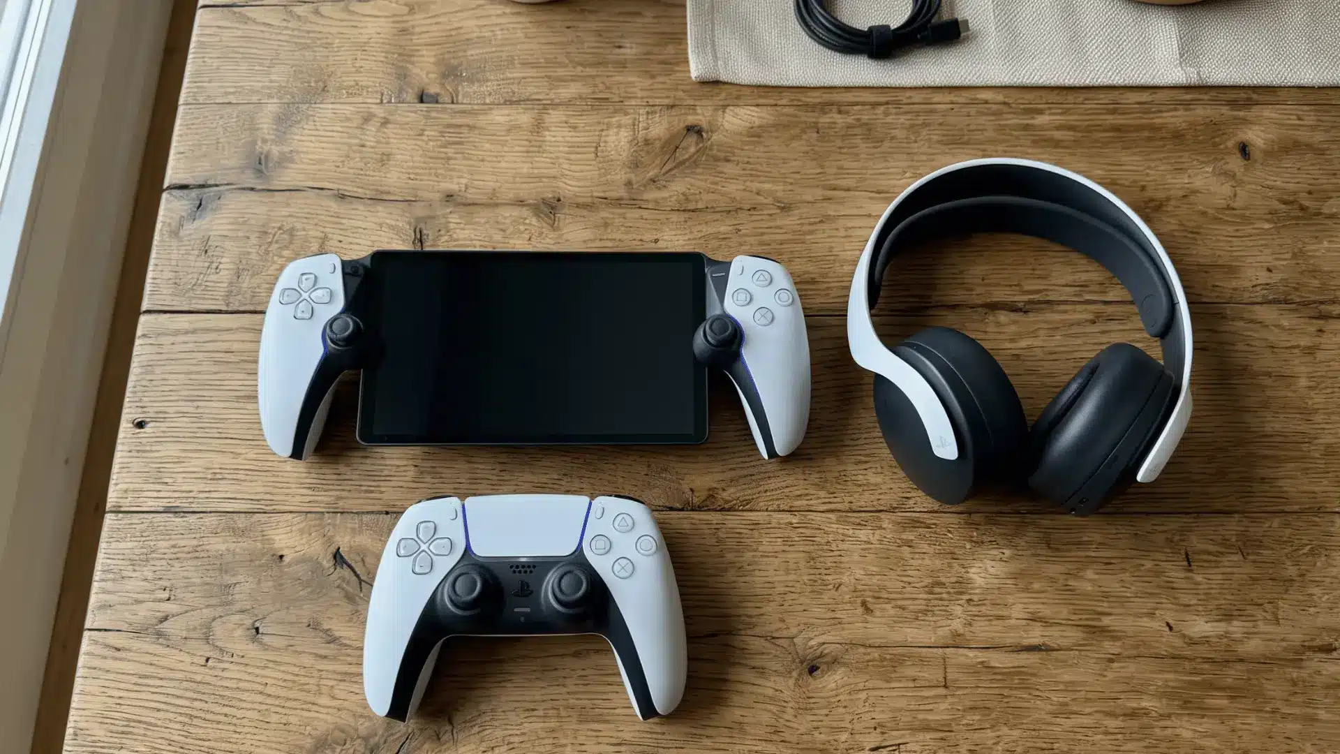 PlayStation Portal, DualSense controller, and wireless headphones arranged on a wooden table in a clean setup