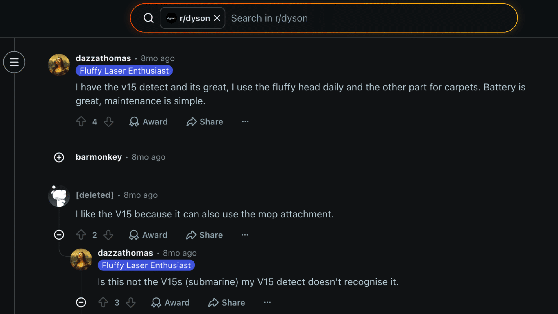 Reddit comments discussing Dyson V15 battery life, fluffy head use, maintenance, and mop attachment compatibility