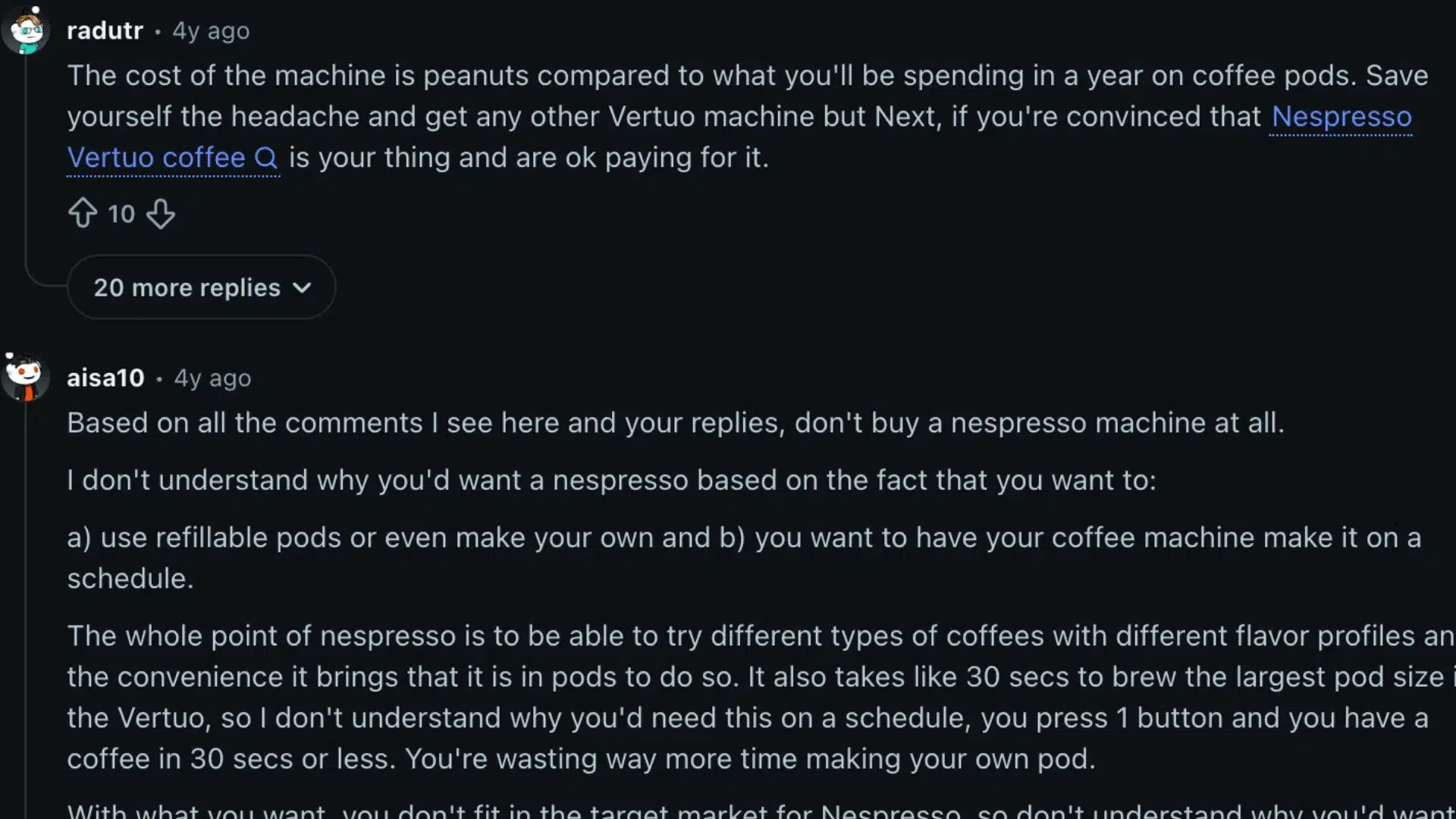 Reddit discussion about Nespresso Vertuo Next reliability, pod costs, and user complaints
