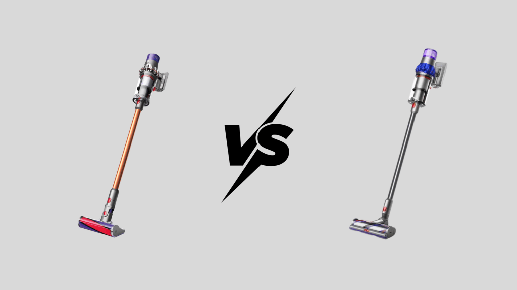 Two cordless Dyson stick vacuums shown side by side with a bold VS symbol on a clean gray background