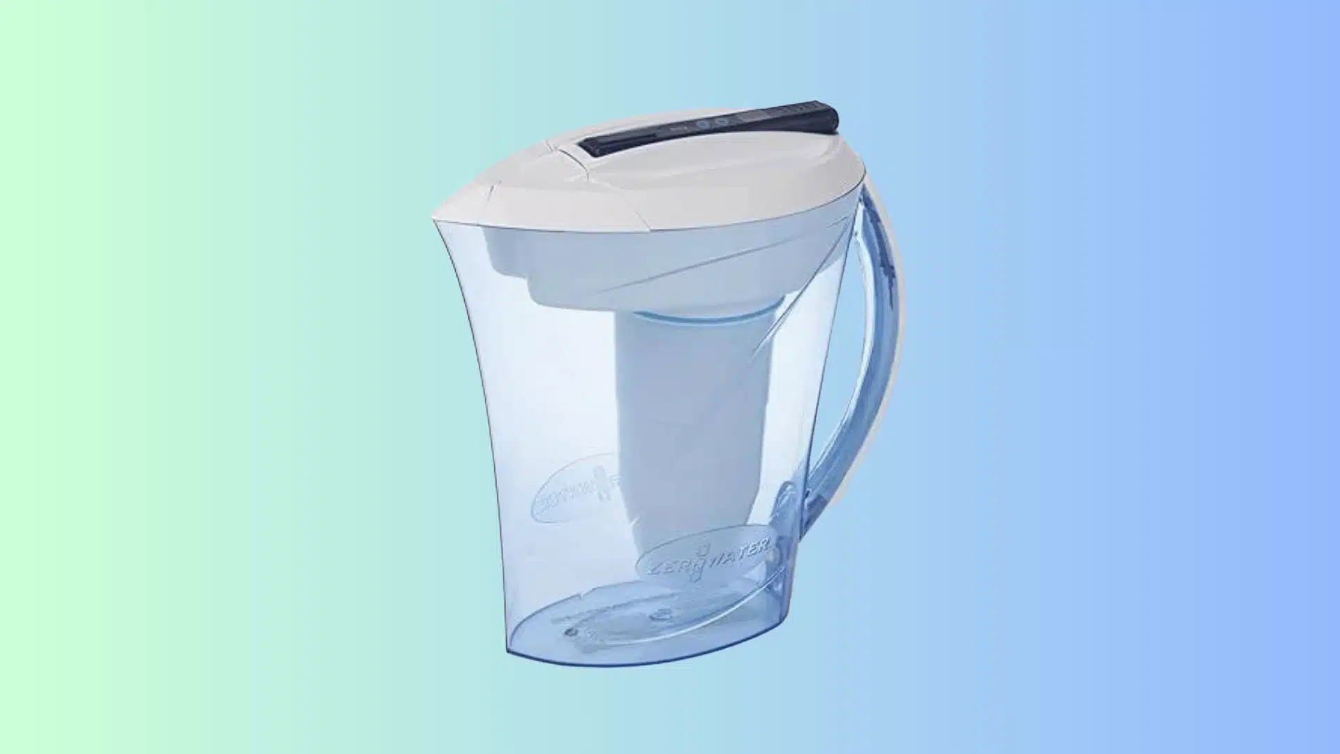 ZeroWater blue-tinted pitcher with a white lid, white filter, and built-in water quality meter (1)