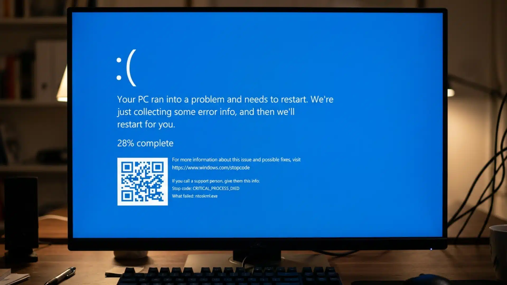A computer monitor displays a blue screen of death error with a sad emoticon and a QR code on a desk