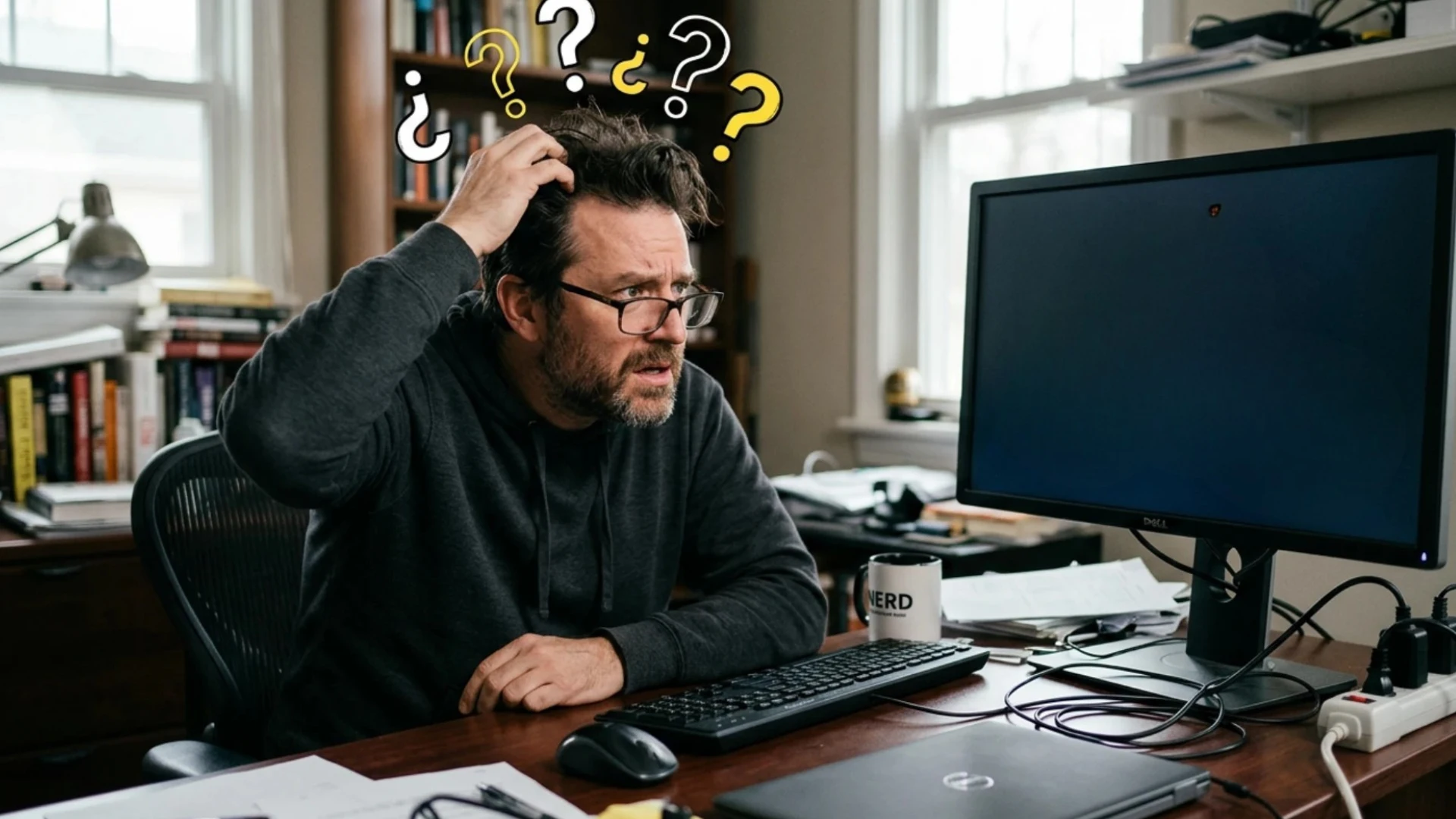 A confused man scratches his head while looking at a completely blank and dark computer monitor on his desk