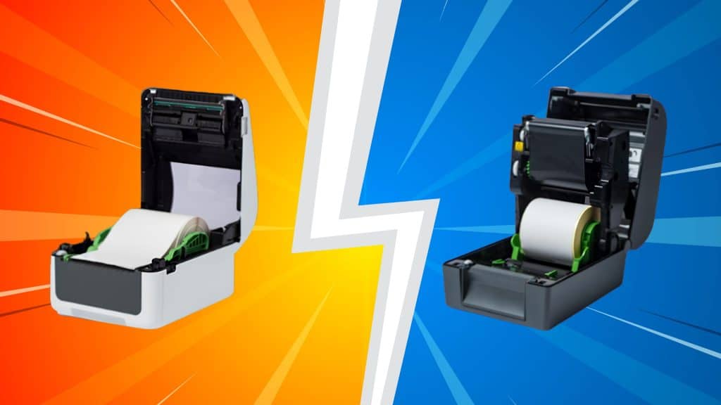 a direct comparison of the two leading label printing technologies, each in a different color scheme against vibrant split