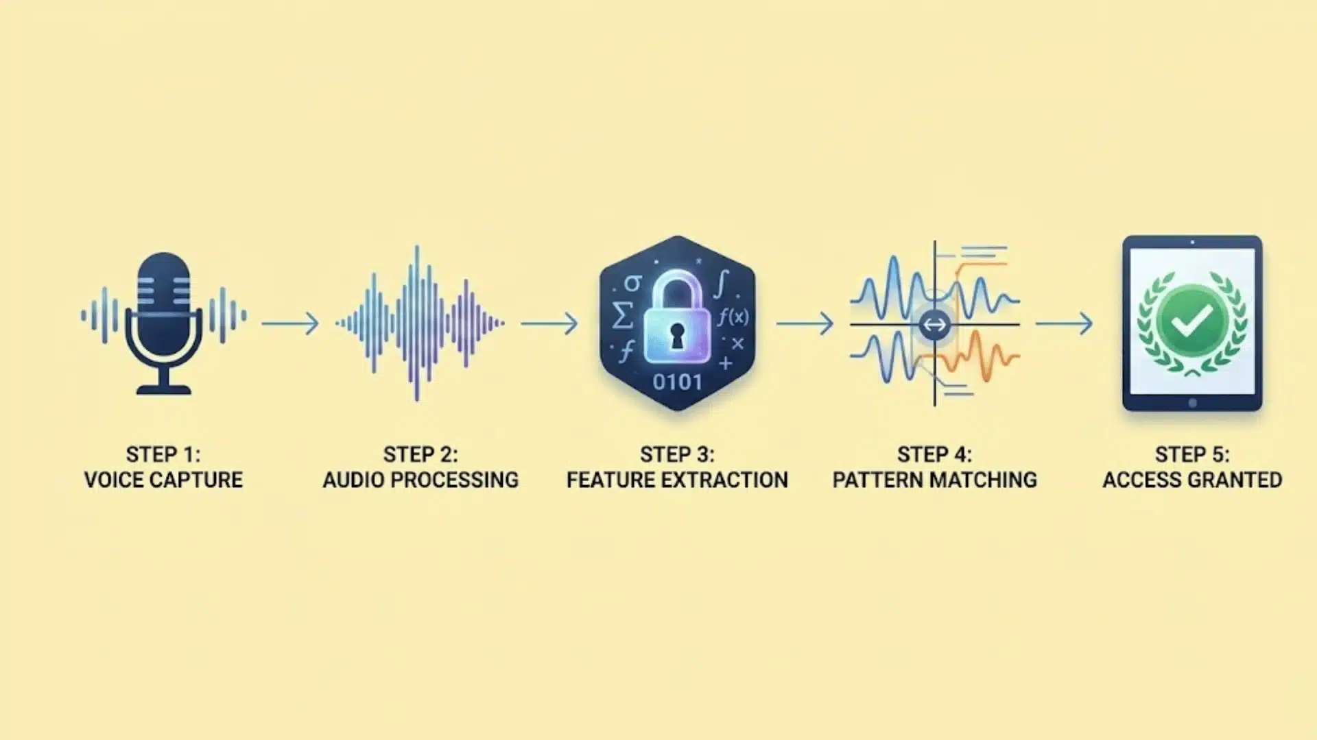 A five-step diagram showing voice capture, audio processing, feature extraction, pattern matching, and access