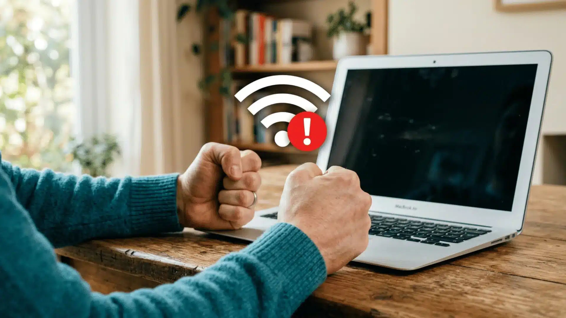 A frustrated person clenches their fists in front of a laptop with a Wi-Fi error icon floating over it