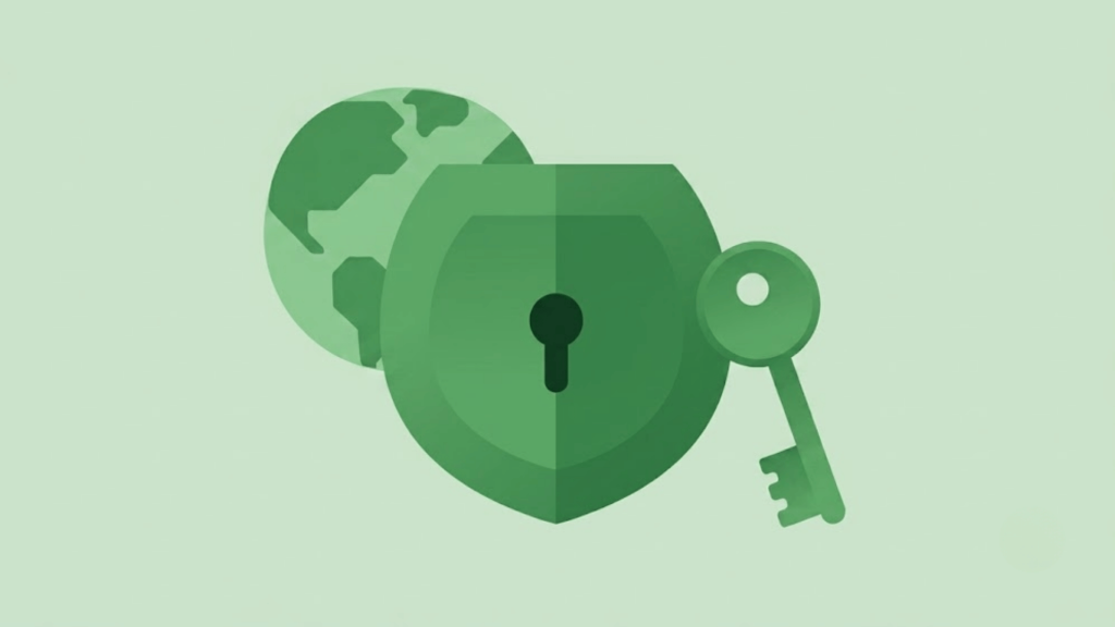 a green shield with a keyhole and a globe in the background with a key next to it on a light green background