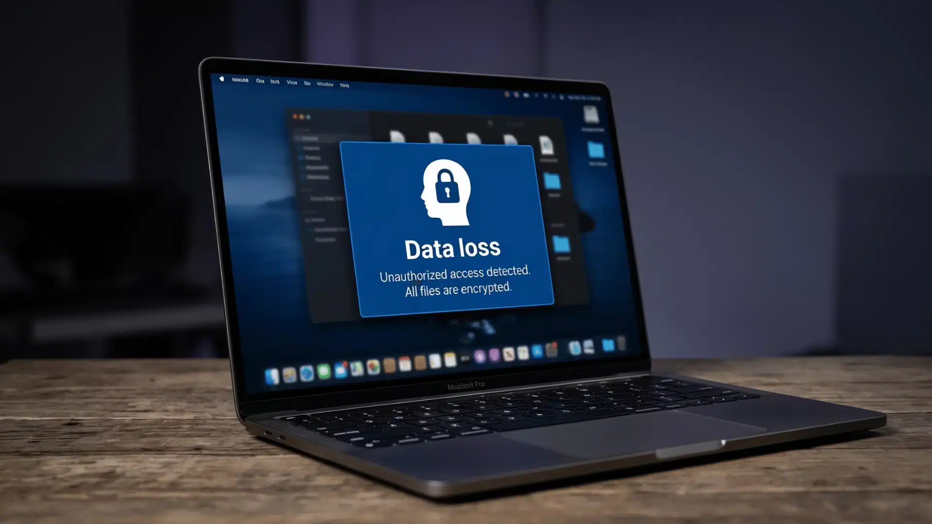 A laptop showing a blue Data loss warning popup on the screen stating that all files are encrypted