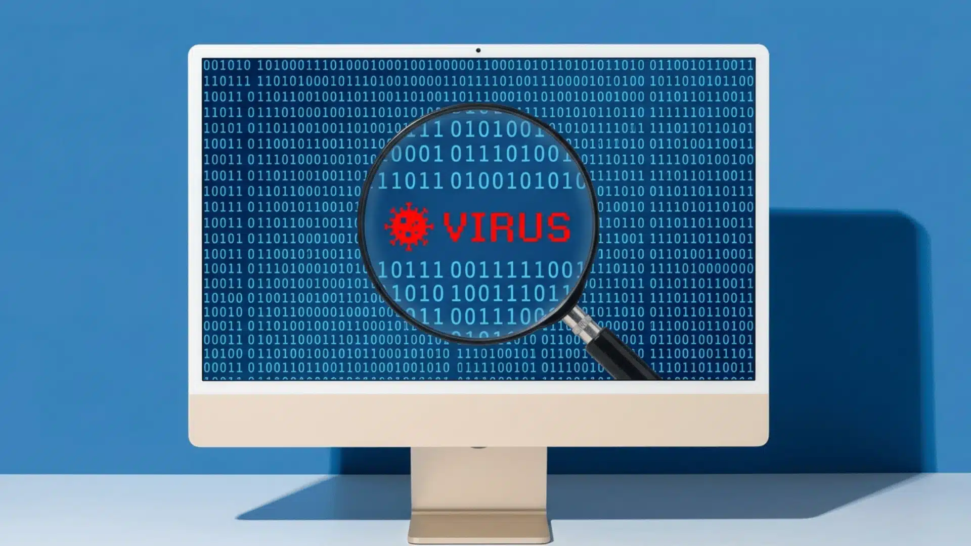 A magnifying glass over a computer screen with binary code, revealing the red word VIRUS and a virus icon