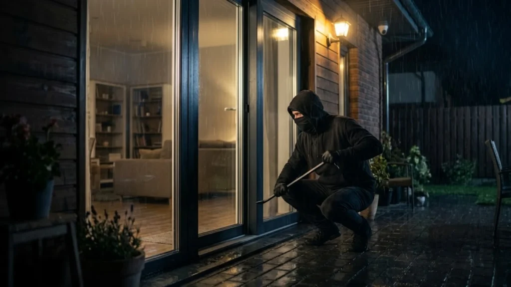 A masked burglar in black holding a crowbar tries to break into a house through a glass door on a rainy night
