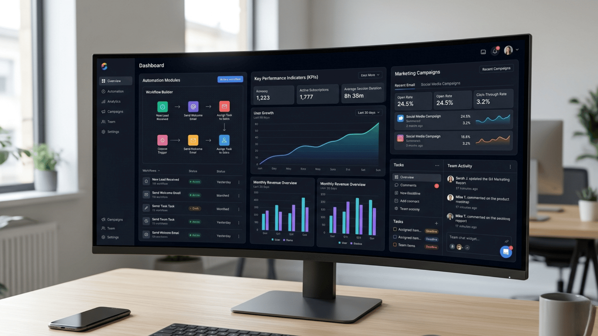 a modern SaaS dashboard displaying automation modules, analytics charts, marketing panels, and team collaboration workspace.