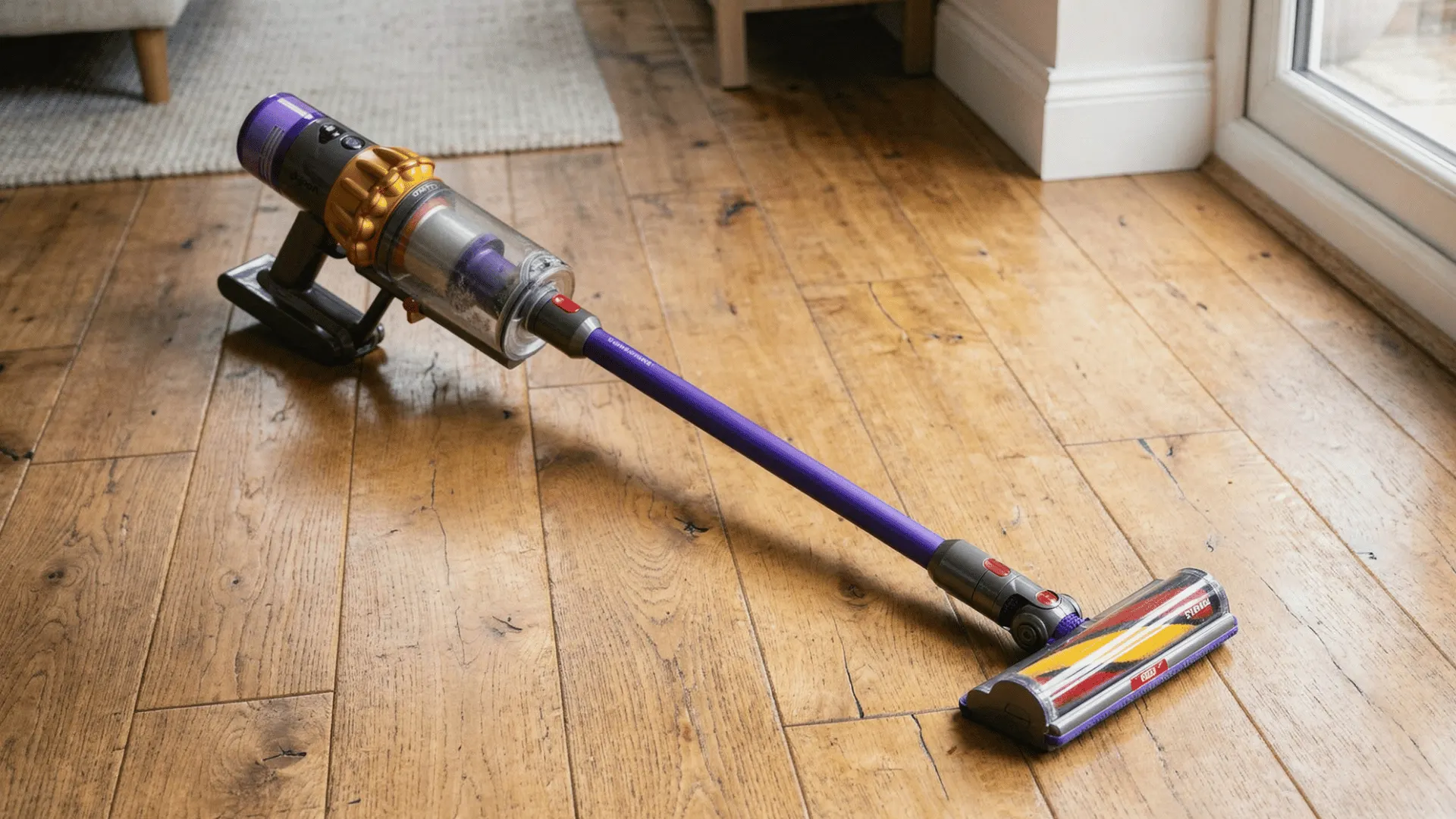 A purple and gold cordless stick vacuum cleaner rests completely flat on a light-colored hardwood floor