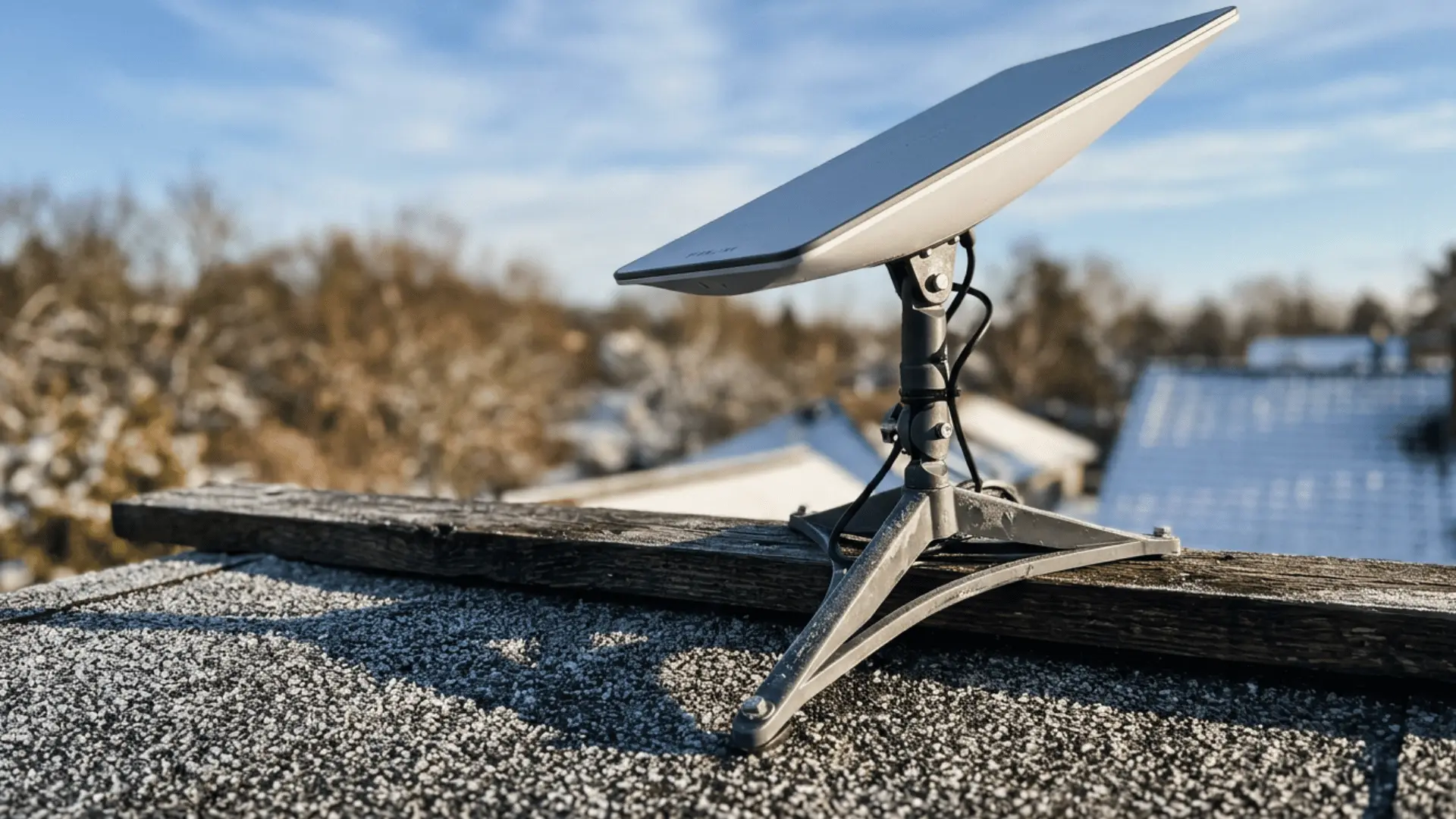 A rectangular satellite internet dish sits on a tripod mount on top of a frosted residential house roof