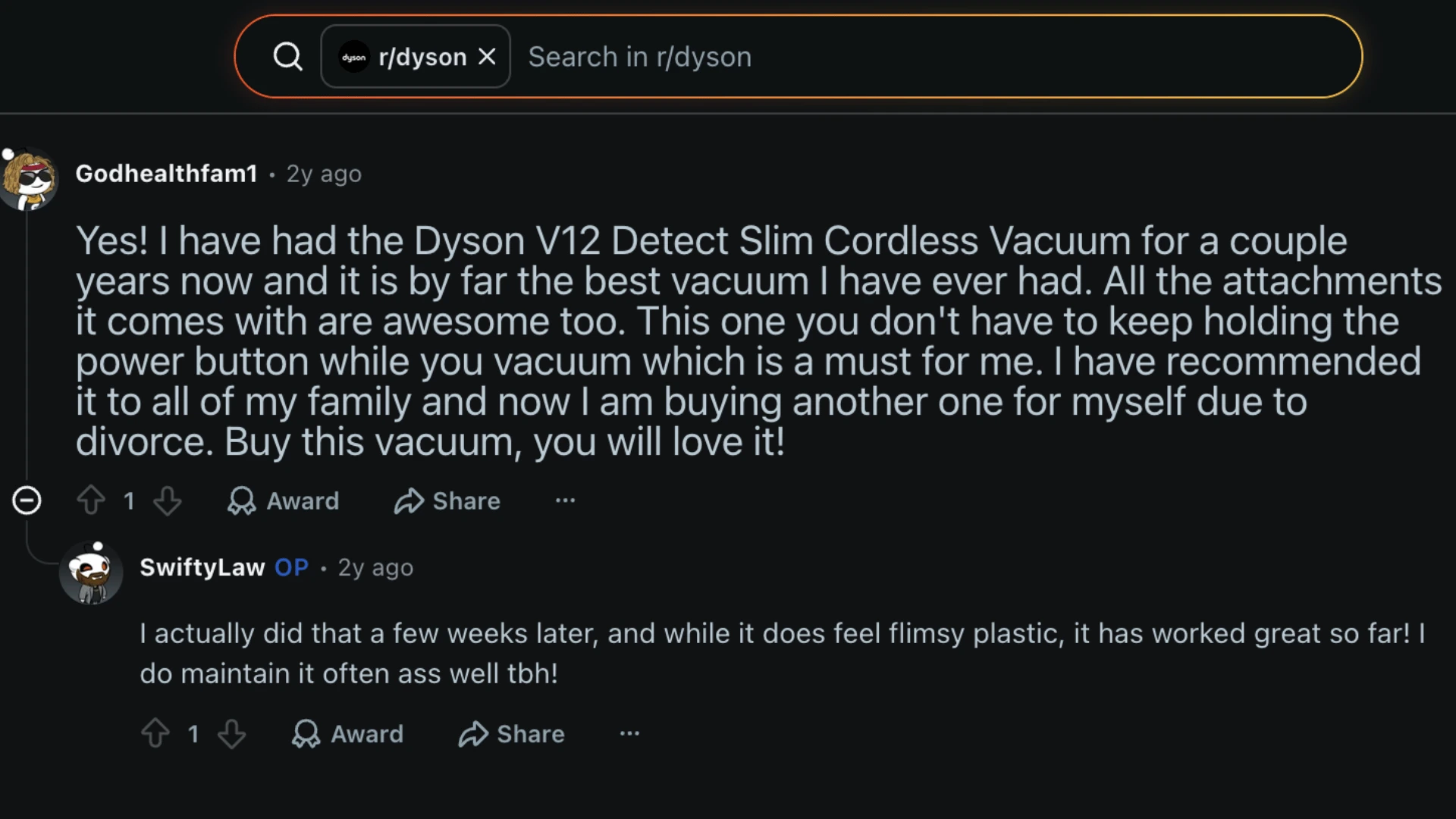 A screenshot of a Reddit thread discussing user experiences and reviews of a Dyson V12 cordless vacuum