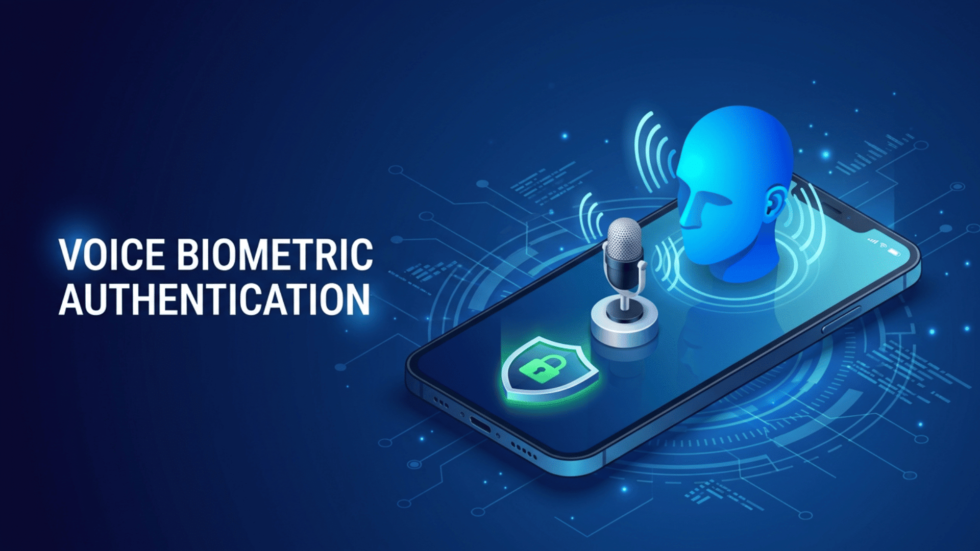 A smartphone displaying a 3D blue head, a microphone, and a security shield for voice biometric authentication