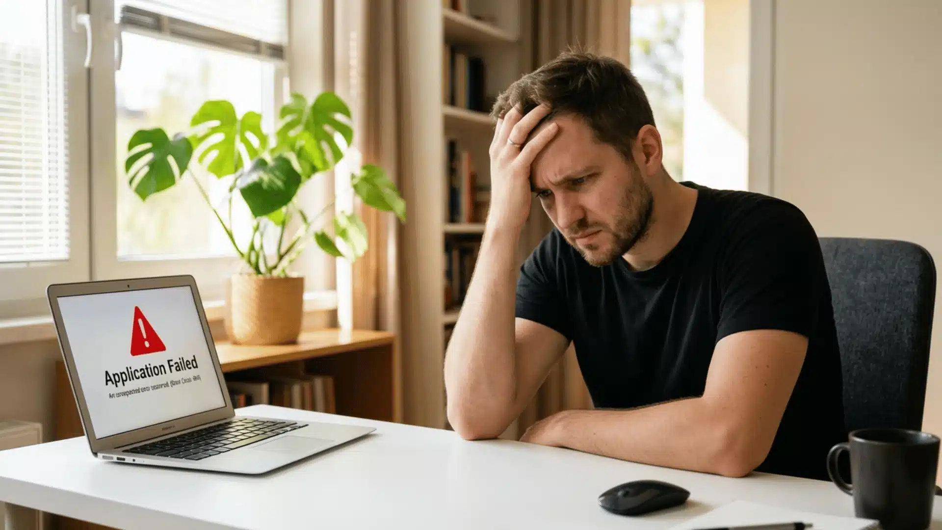A stressed man holds his head at a desk next to a laptop displaying an Application Failed error message