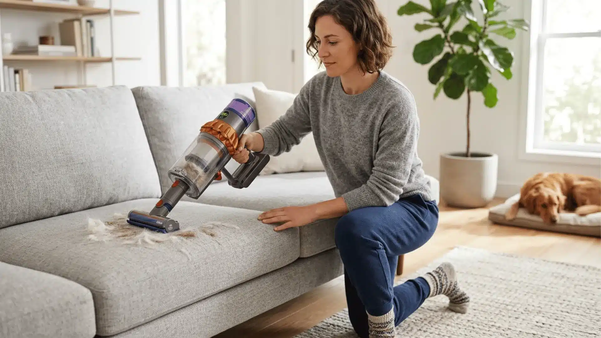 A woman uses a handheld cordless vacuum to clean clumps of pet hair off a light grey living room sofa