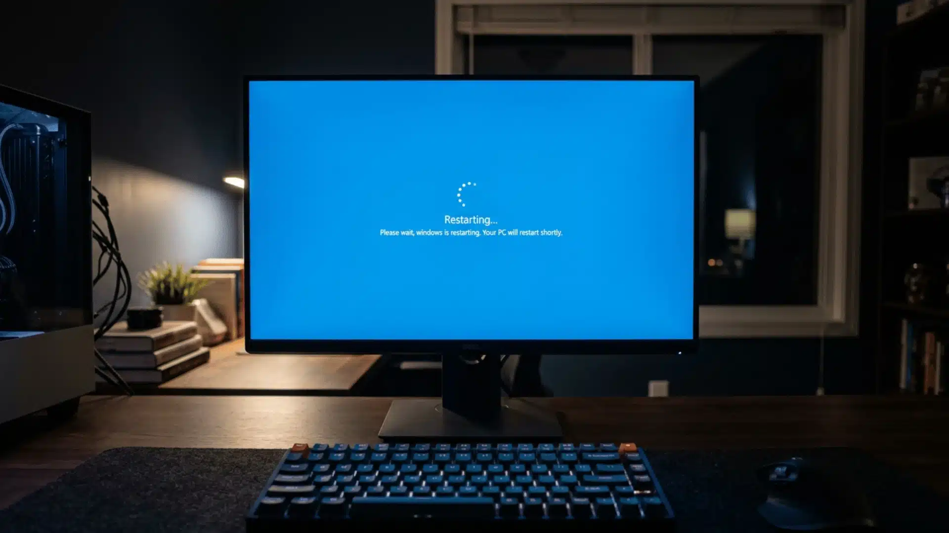 A computer monitor is displayed, featuring a Restarting... message. A keyboard and mouse are present