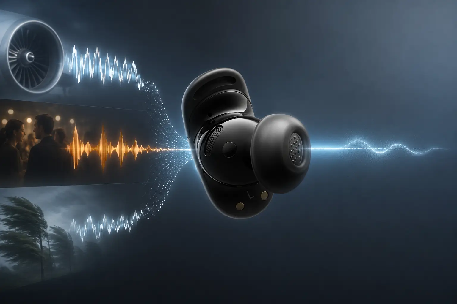 Black wireless earbuds with sound waves illustrating noise cancellation technology on a dark background