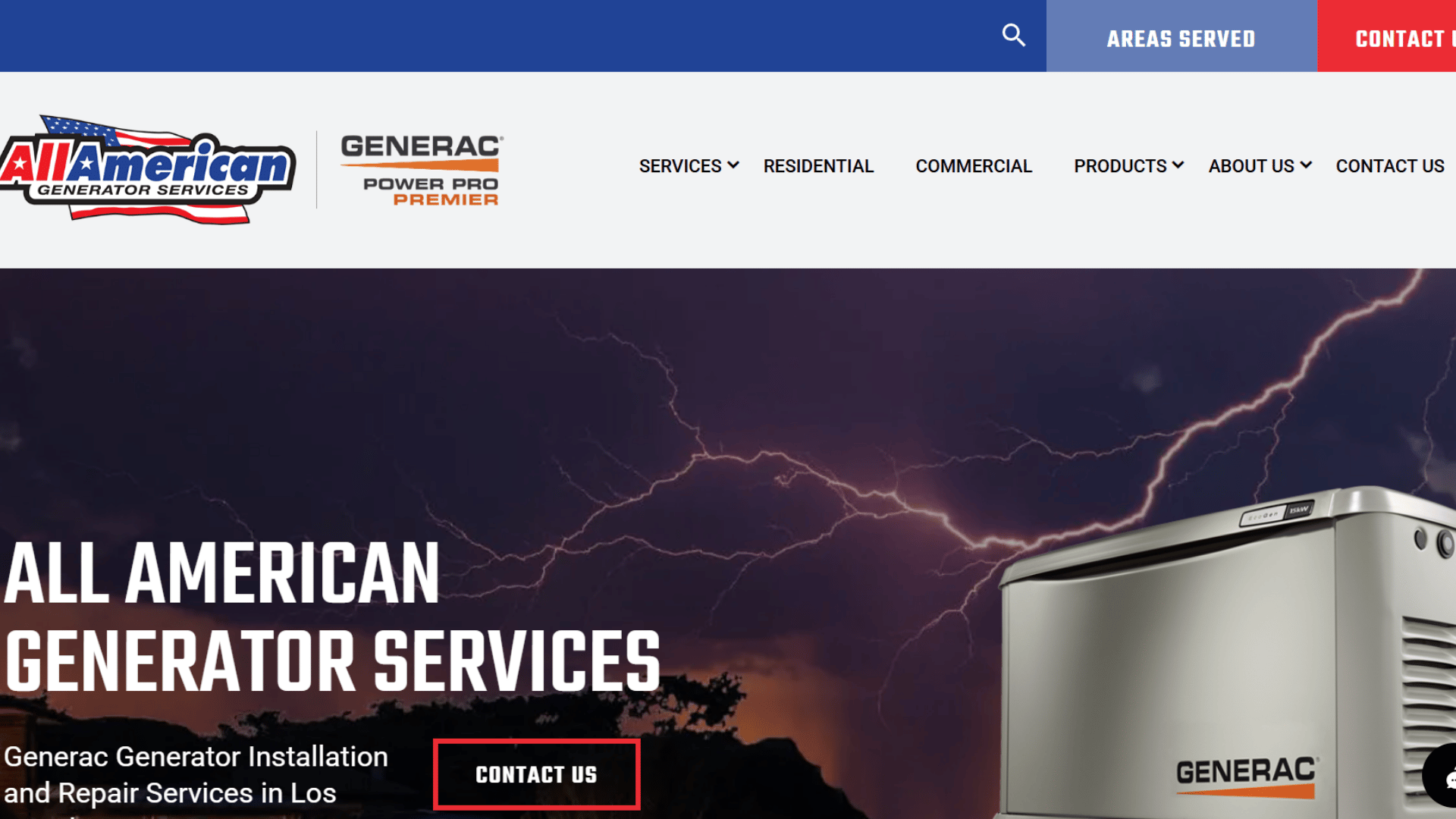 all american generator services homepage with generator and lightning storm background
