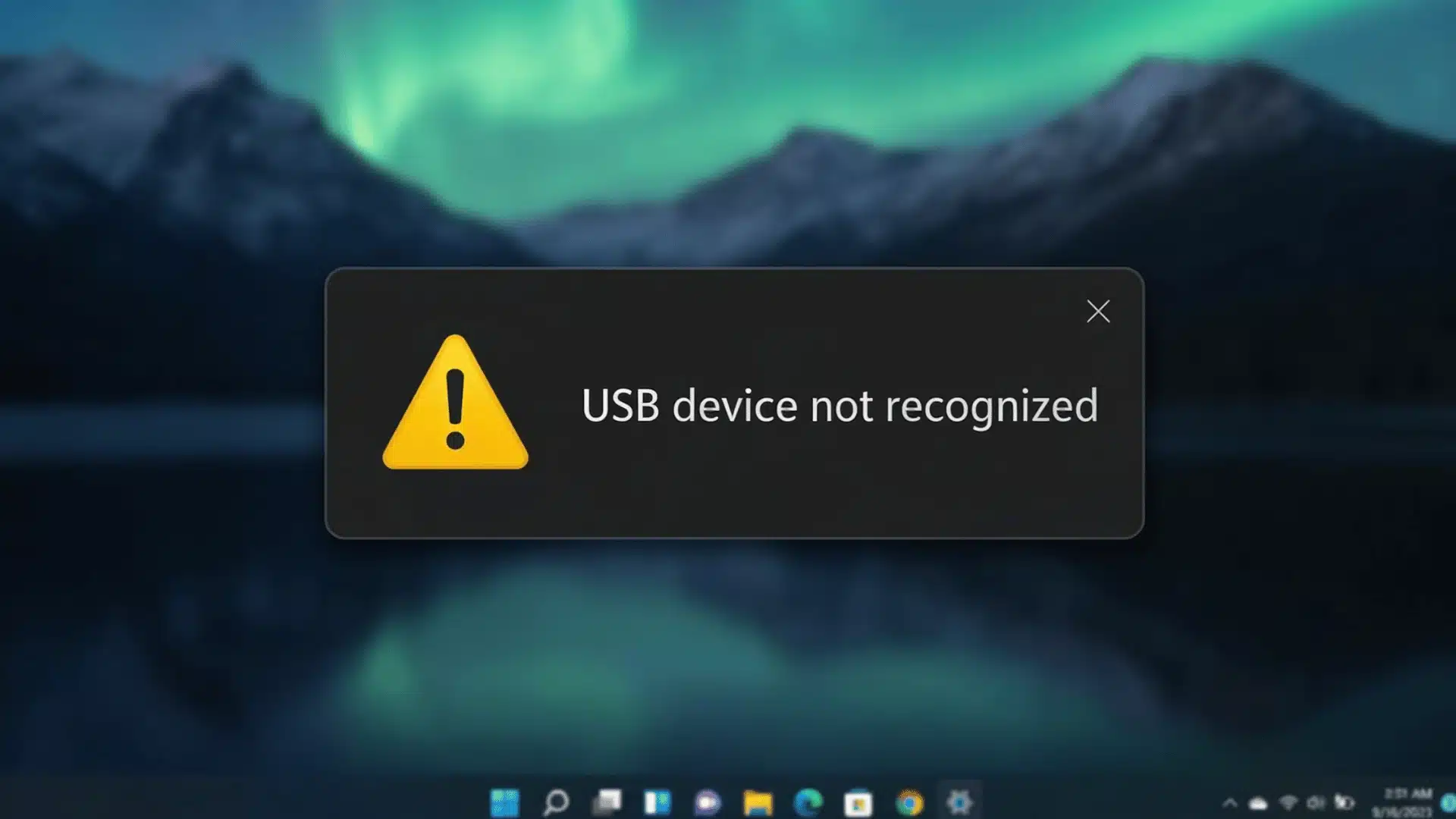 An error notification reading USB device not recognized with a yellow warning triangle on a desktop screen